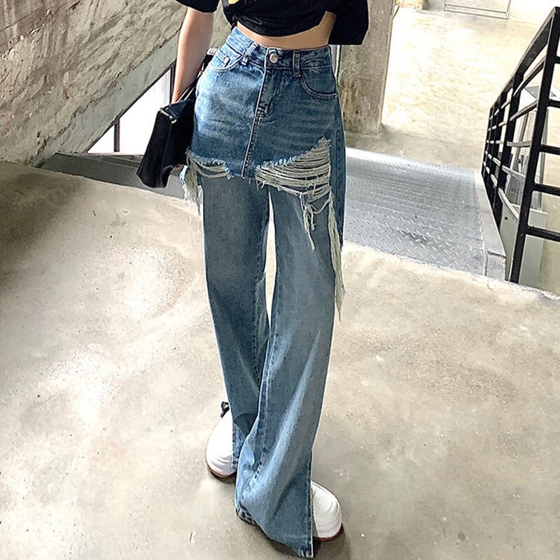 Xpqbb Fake Two Piece Women&s Jeans Pants Korean Chic Loose Split Straight Pants Ladies Y2K Blue High Waist Street De